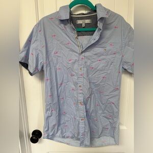 PD&C Light Blue Short Sleeve Button-Down Shirt with Pink Fish Motif
